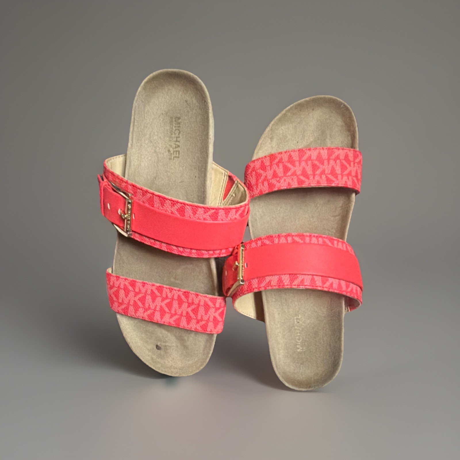 Michael Kors Vegan Corral PVC Flat Sandals Women’s Size 8 Buckle Logo Straps