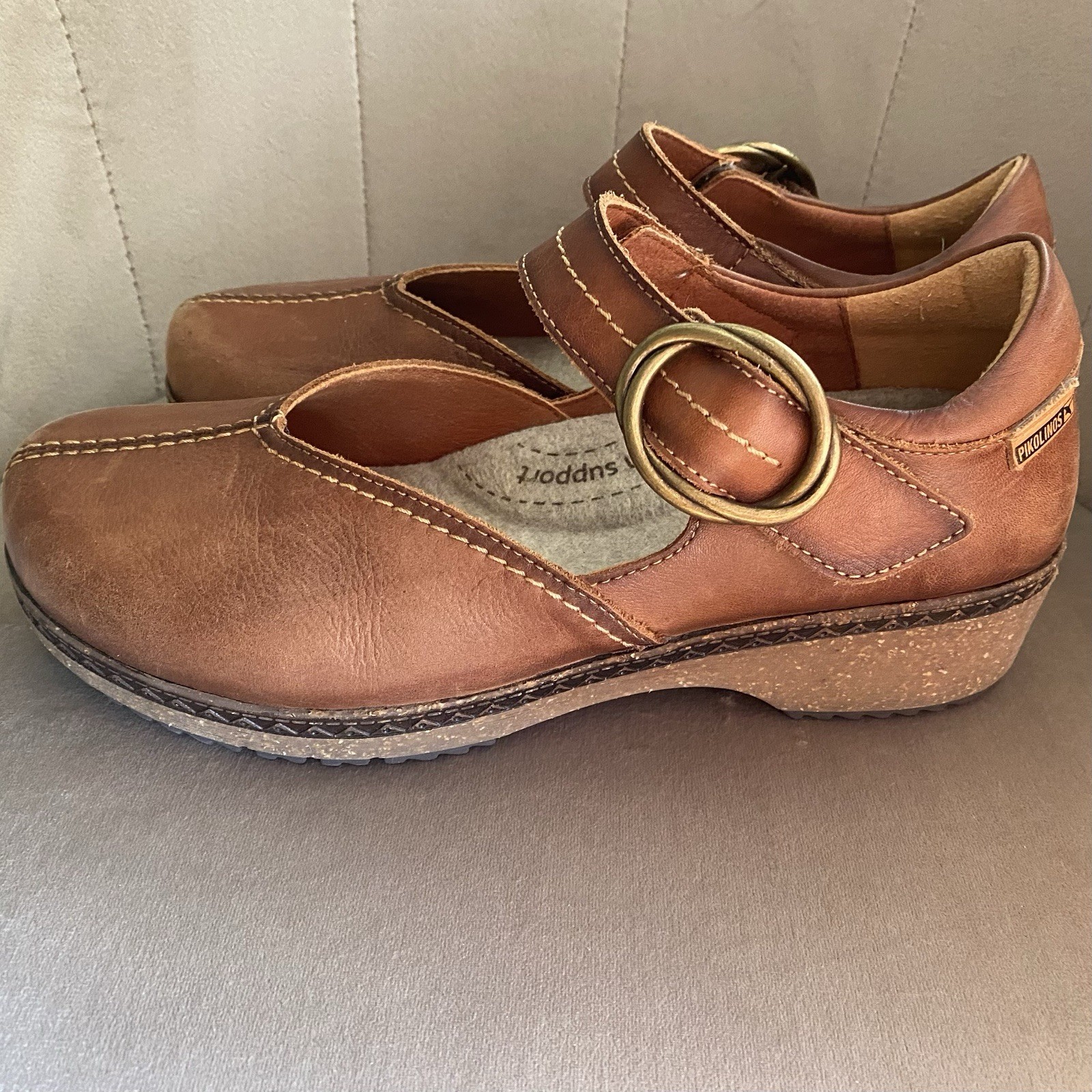 Pikolinos Sandal 39 8 8.5 Closed Toe Low Heel Comfort Mary Jane Tan Arch Support