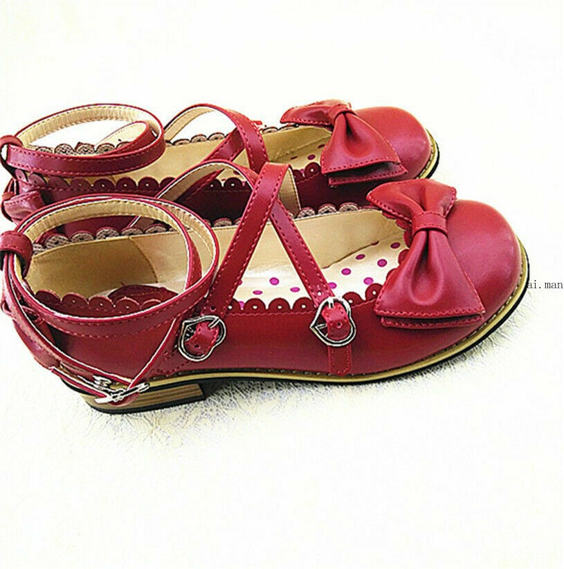 Women Lolita Low-heeled Mary Jane High Heel Cross Straps Bow Knot Princess Shoes