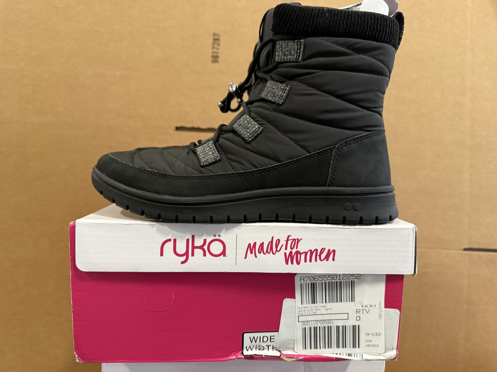 Ryka Repel Quilted Toggle Lace-Up Winter Boots Womens 9.5W Black New