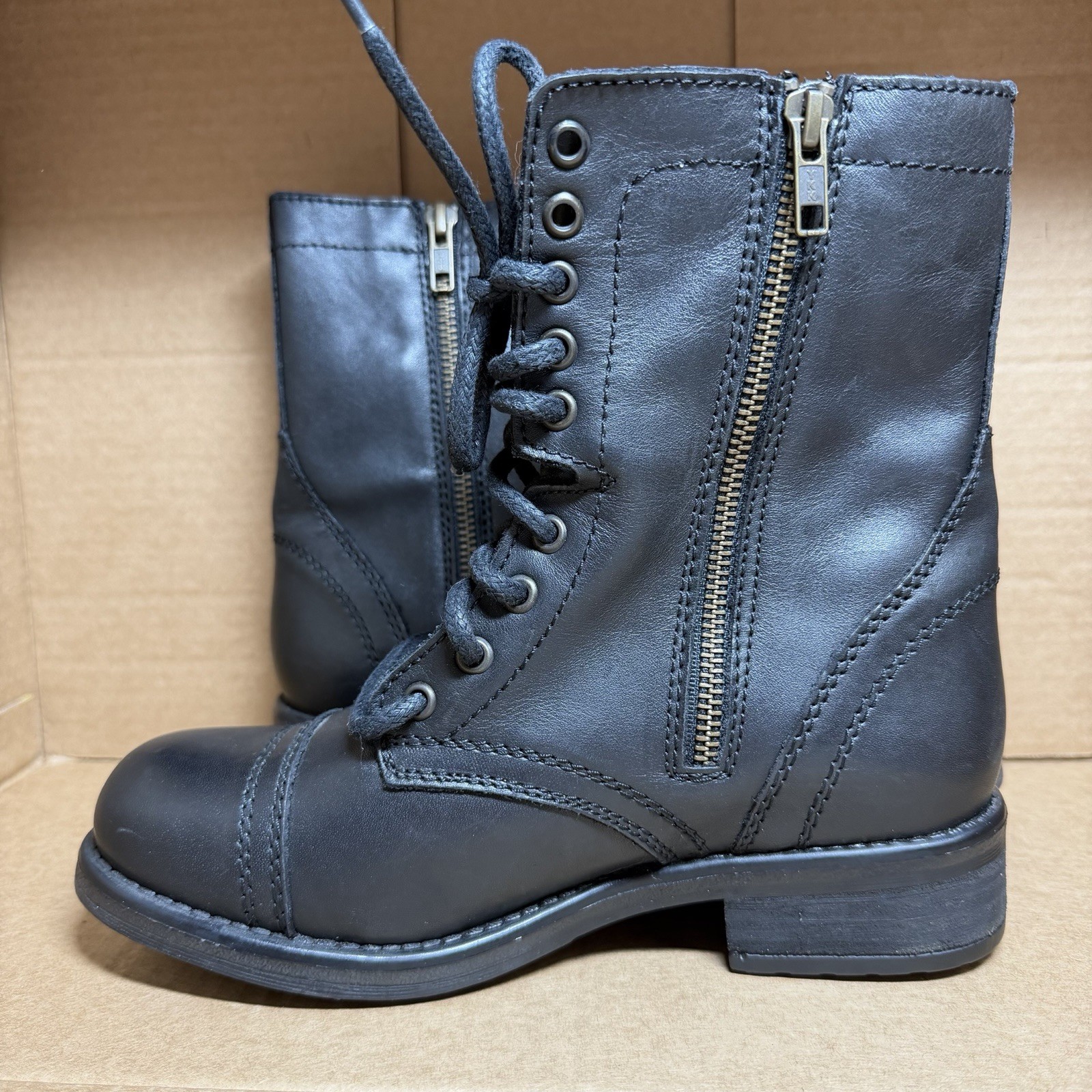 Steve Madden Troopa 2.0 Black Leather Zip Lace Combat Boot Size 7.5 W