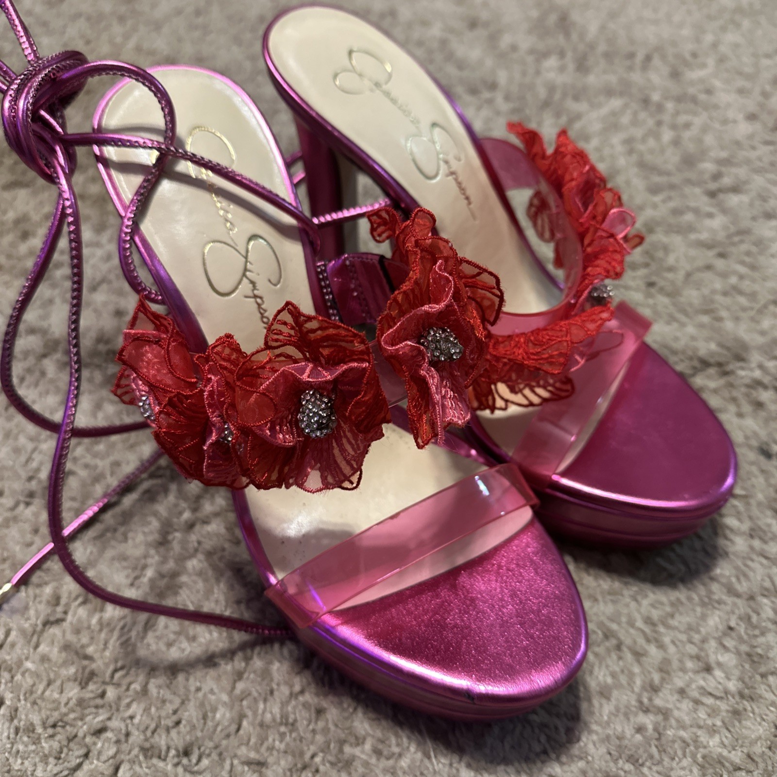 JESSICA SIMPSON Size 9.5M Iyla Pink Jewel Strappy Heels Lace Flowers Wrap Ankle