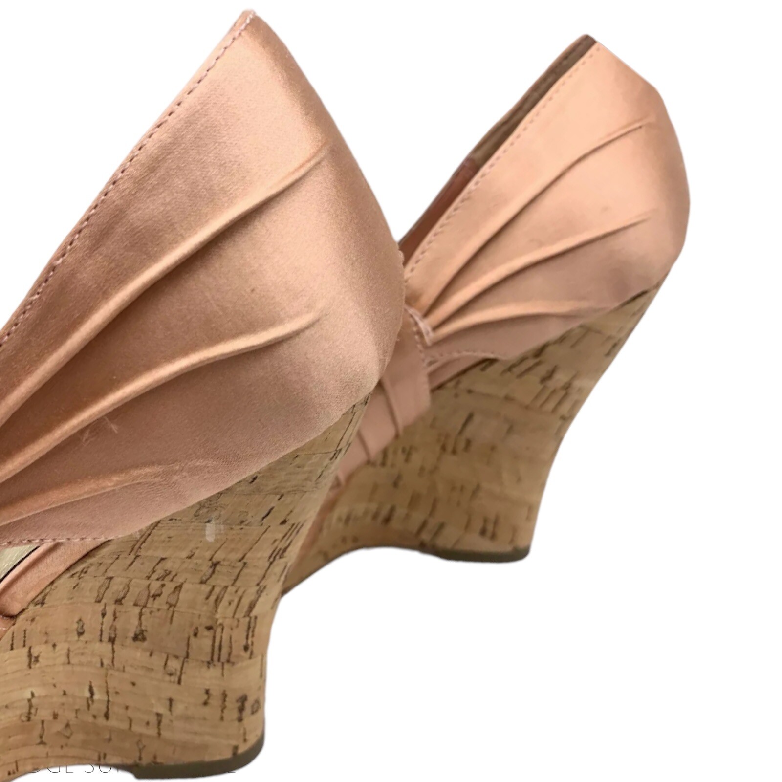 Bakers Light Salmon Satin Pink Wendie Coral Leather Cork Ruched Wedge Heel 8.5 B