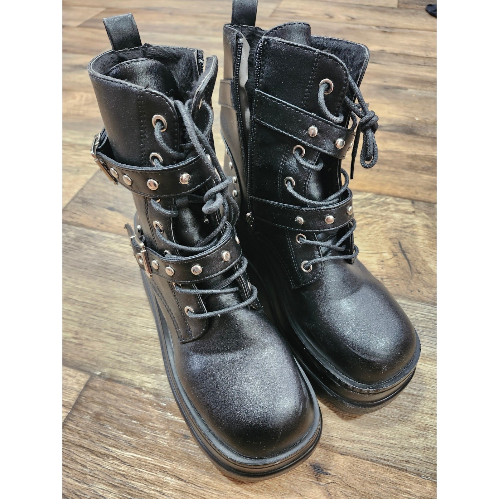 Womens Chunky Goth Platform Combat Boots Gothic 8.5 Studded Buckle Strap Eur 39