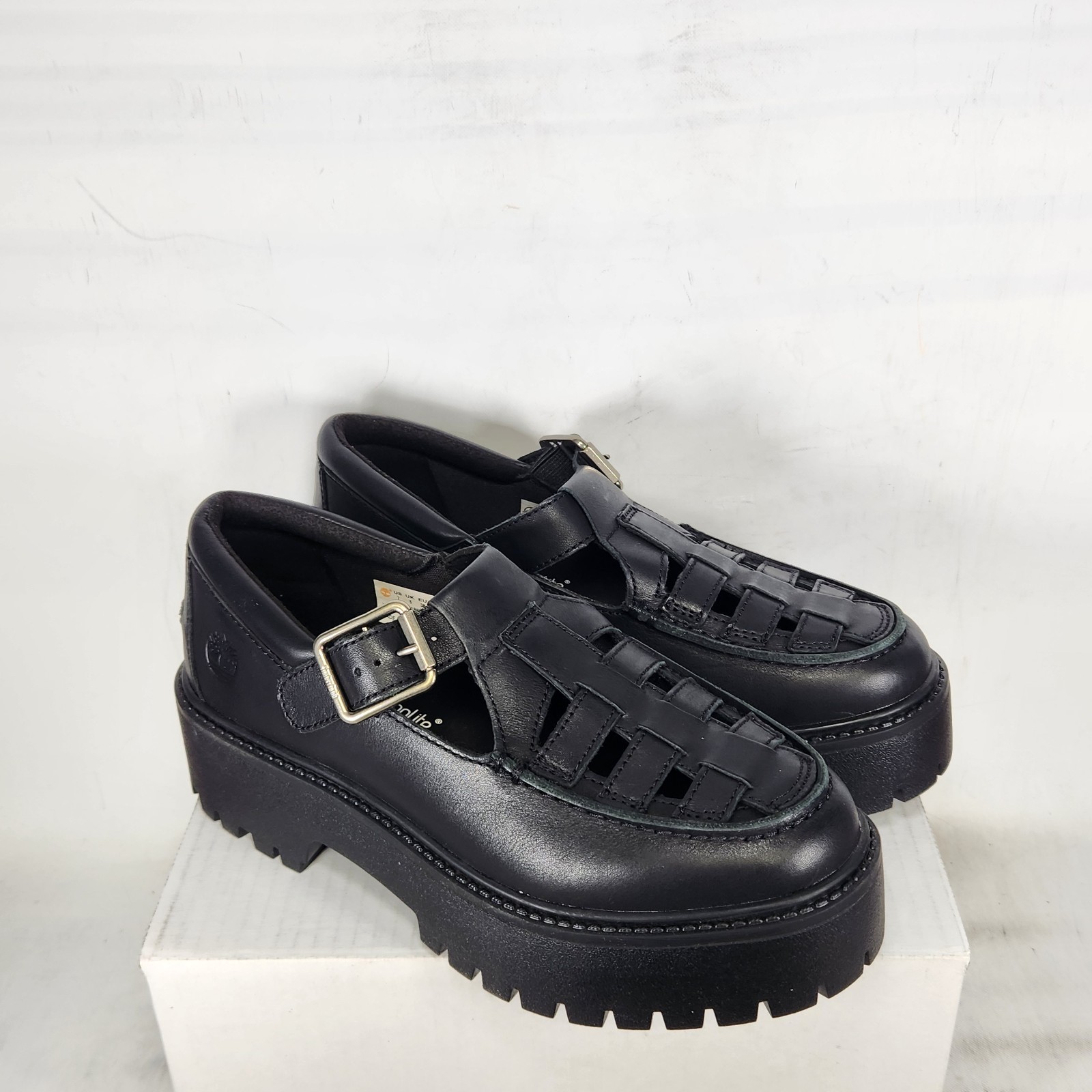 7 WOMEN – Timberland Stone Street Platform Buckle – Black LEATHER Woven