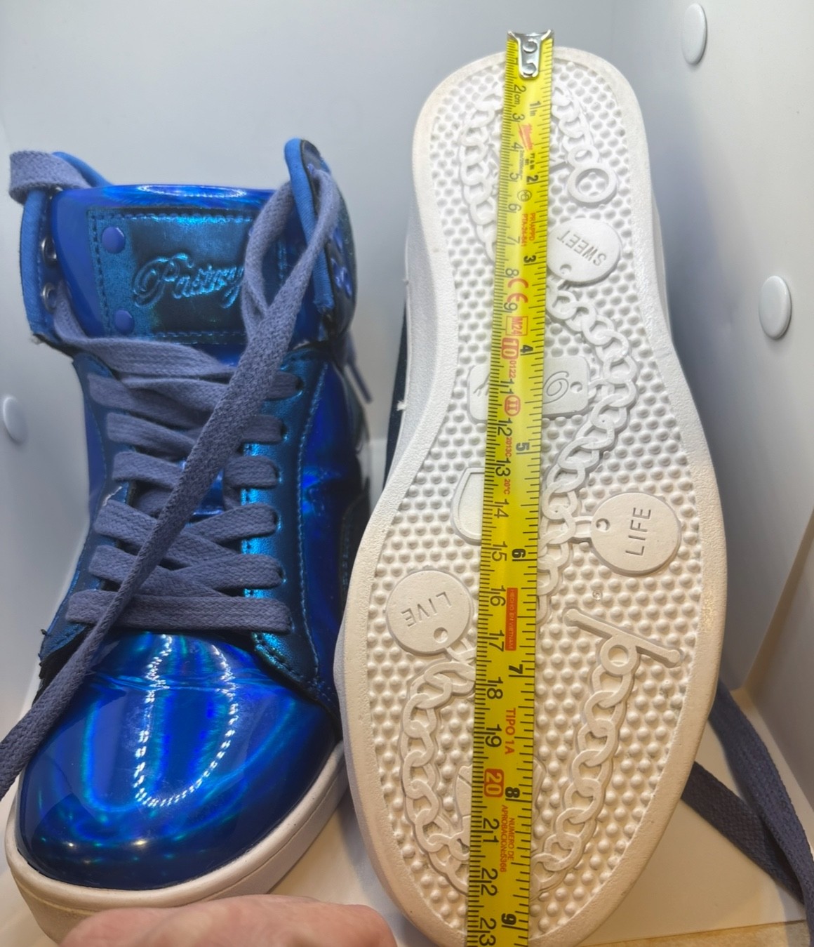 Pastry shoes womens size 5, blue high tops, shiny, Glam Pop Tart Glitter Dance