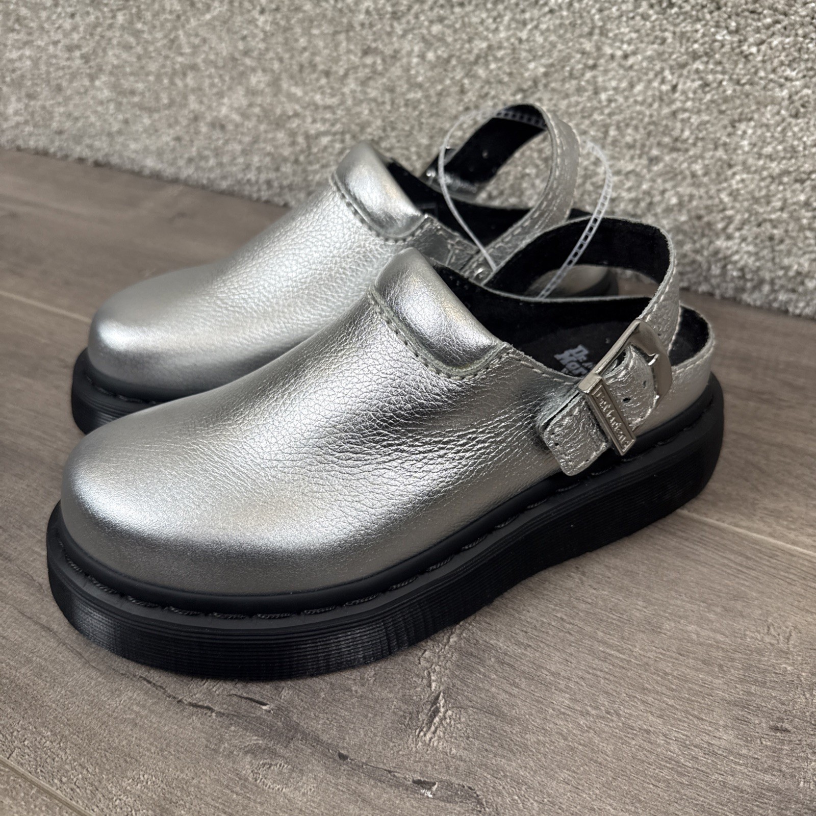 Dr. Martens Laketen Silver Leather Slingback Platform Mules Clogs Womens 5 NEW