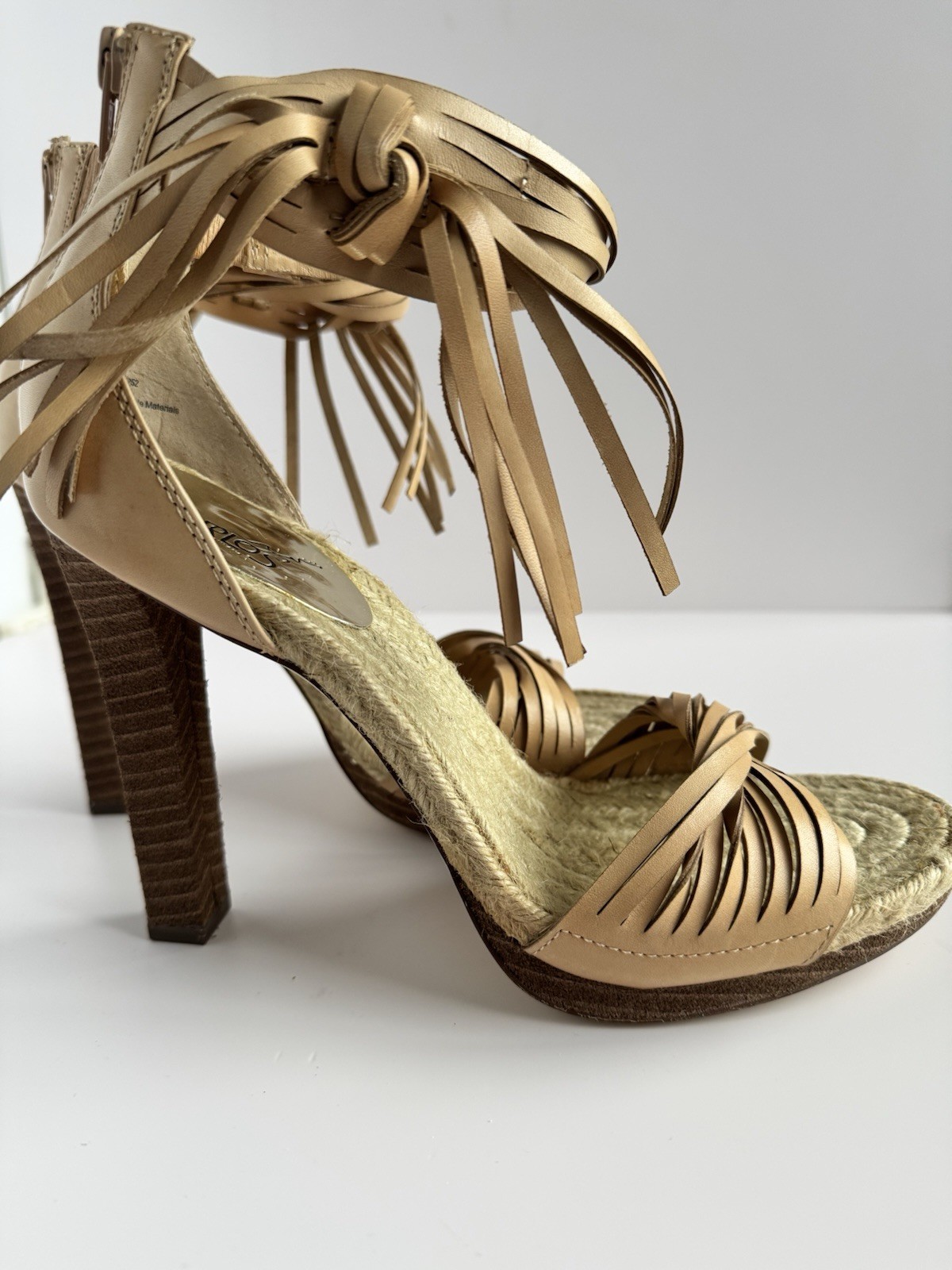 Carlos by Carlos Santana Camel Beige Fringe Strappy Leather Heels Women