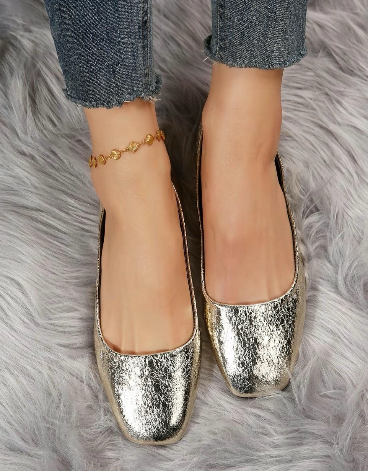 Women’s Casual Gold Daily Wear Solid Color Square Toe Flat Shoes