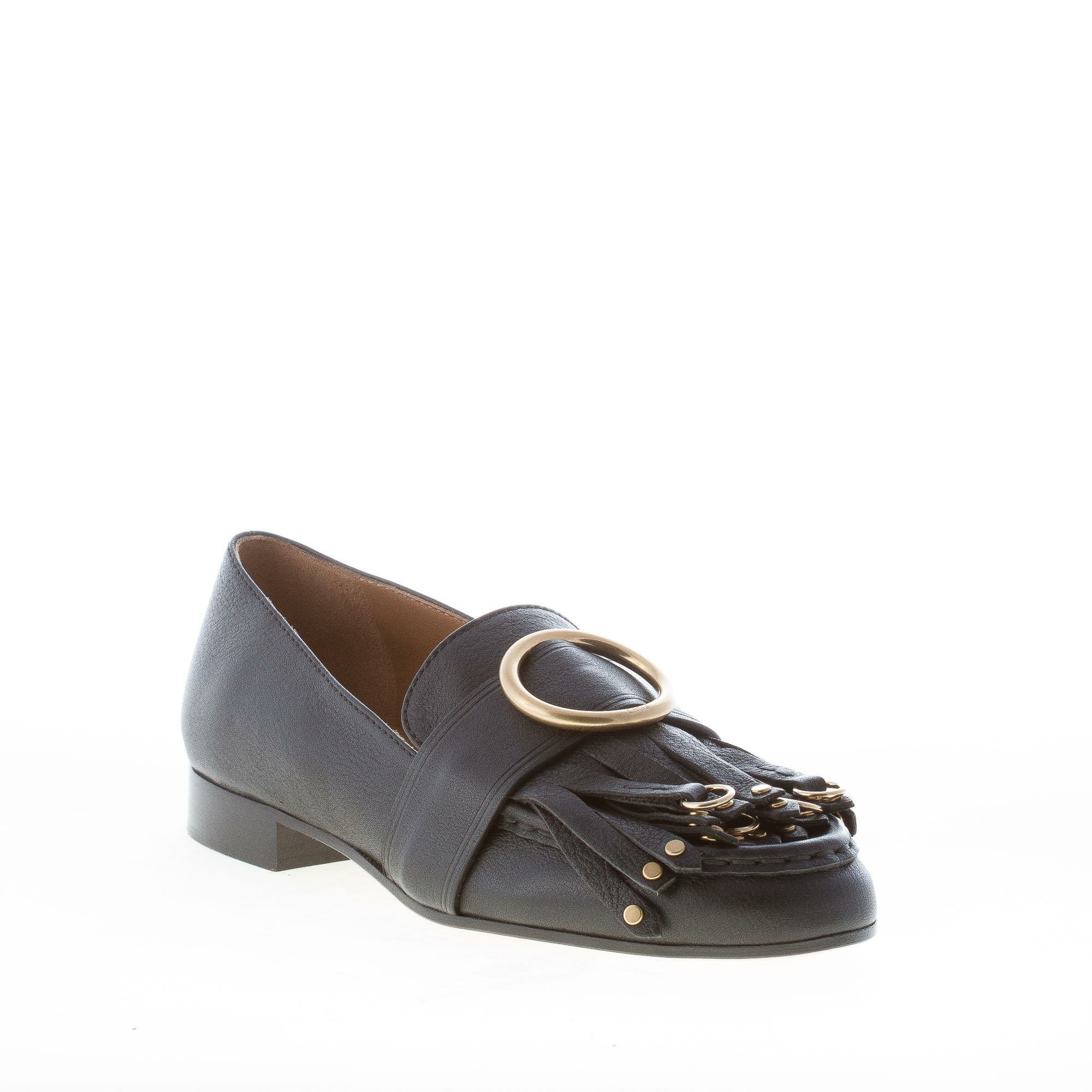 CHLOE’ women shoes Olly black leather loafer long fringes gold ring CH29160E42