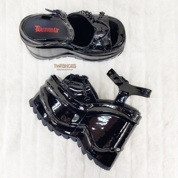 DEMONIA Wave 09- 6″ Platform Goth Heart Chain Sandals Shoes Black Patent