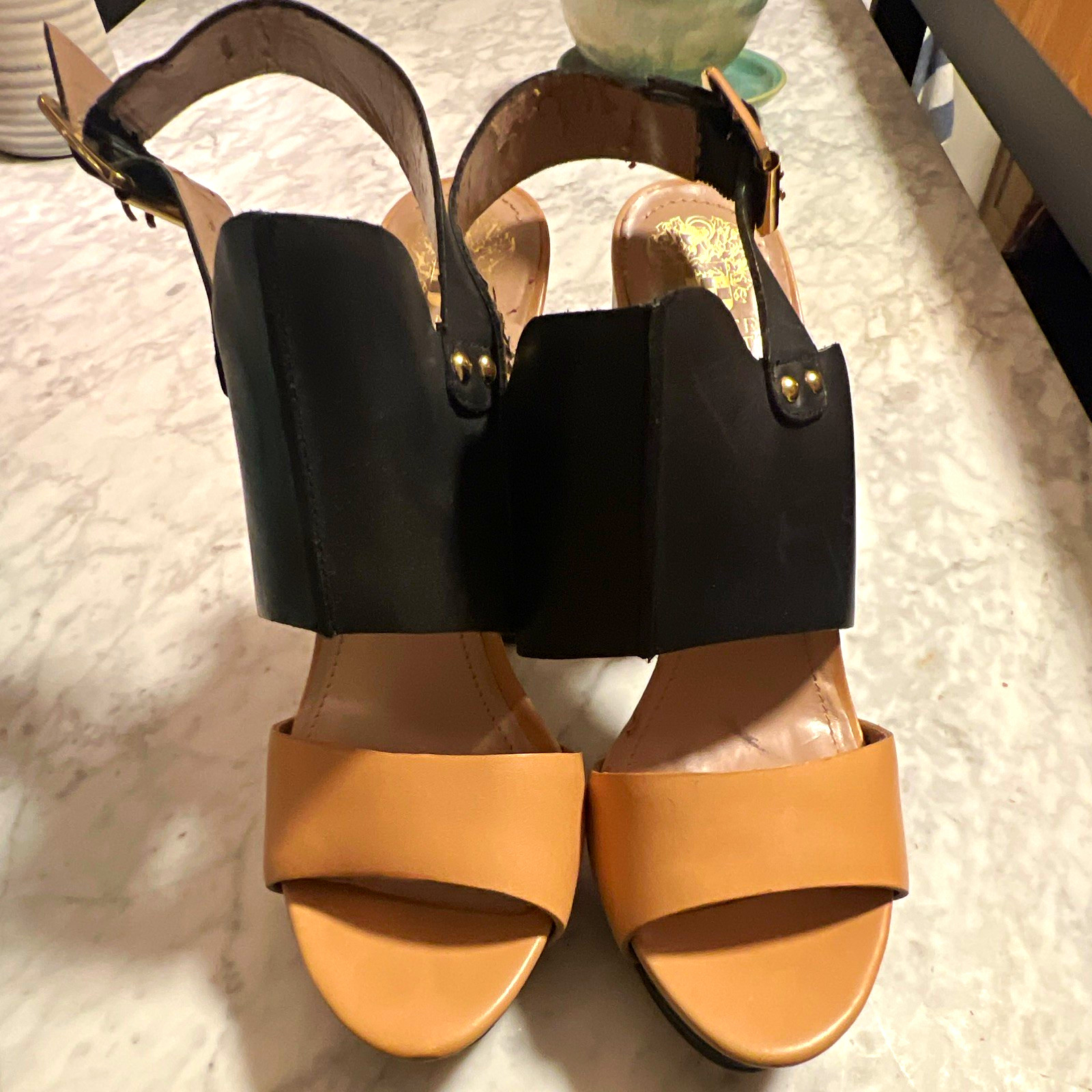 Women’s Black/Beige Colorblock Platform Block Heel Sandals Open Toe 11M