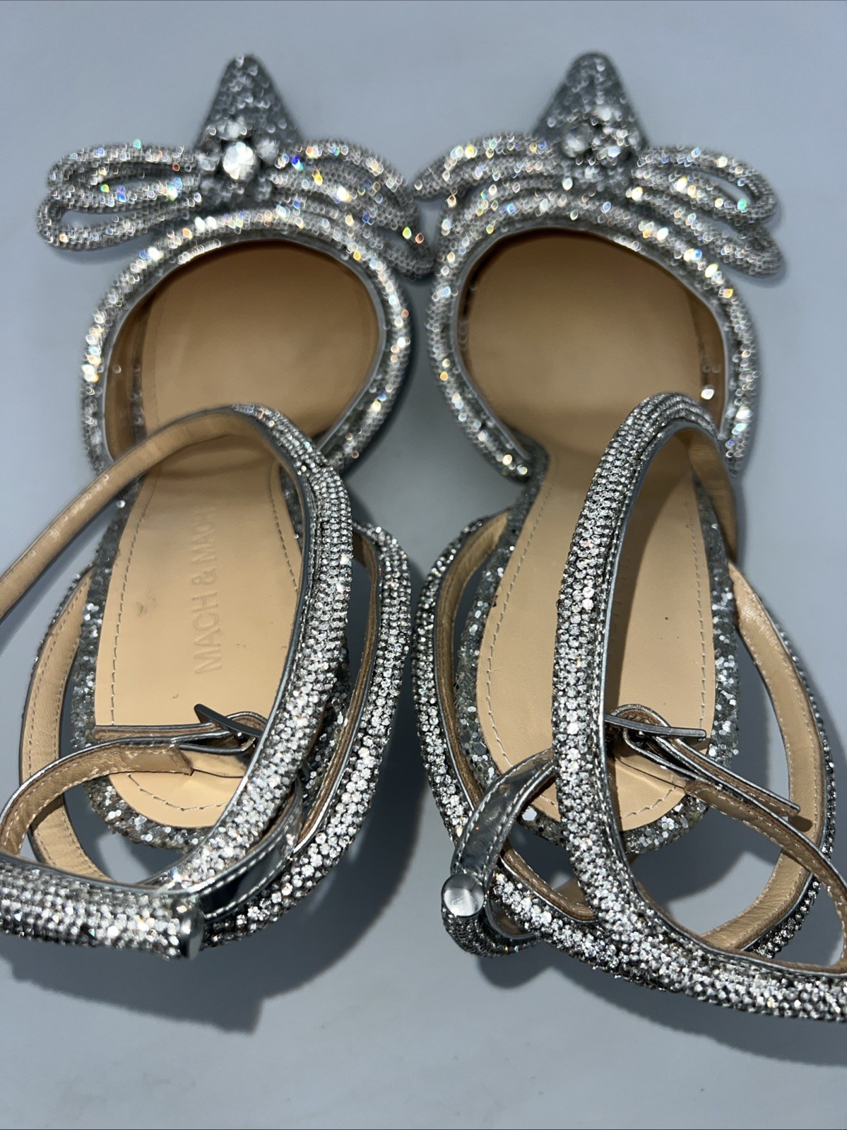 Mach & Mach Double Bow Glitter Crystal Embellished Heels Leather Women’s EU 39.5
