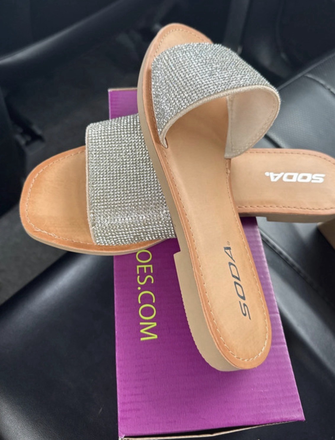 SODA Women’s Slide Sandals Slip-On Glitter Straps Flat Solid Silver/Tan