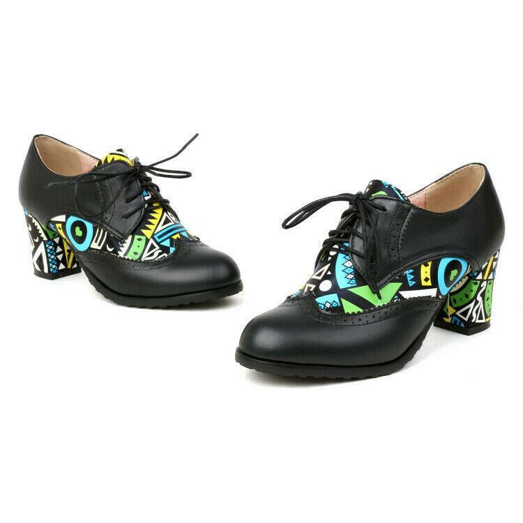 Splicing Women’s Faux Leather Block Heels Shoes Round Toe Lace Up Retro Fashion