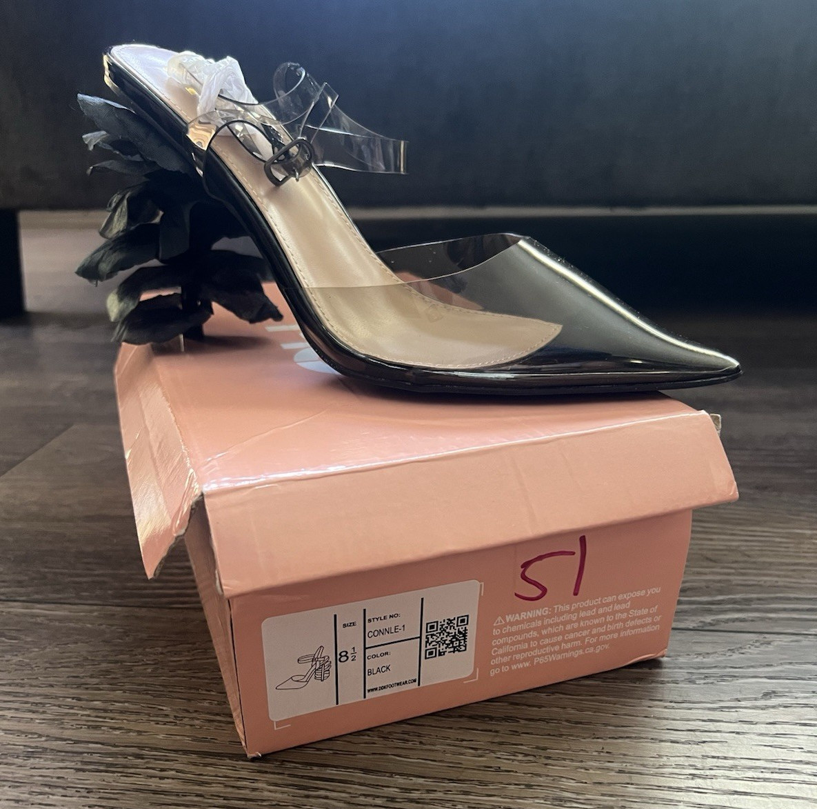 Women’s 8.5 Black/Clear Solid Pointed Toe Slingback Ankle Strap Buckle Heels