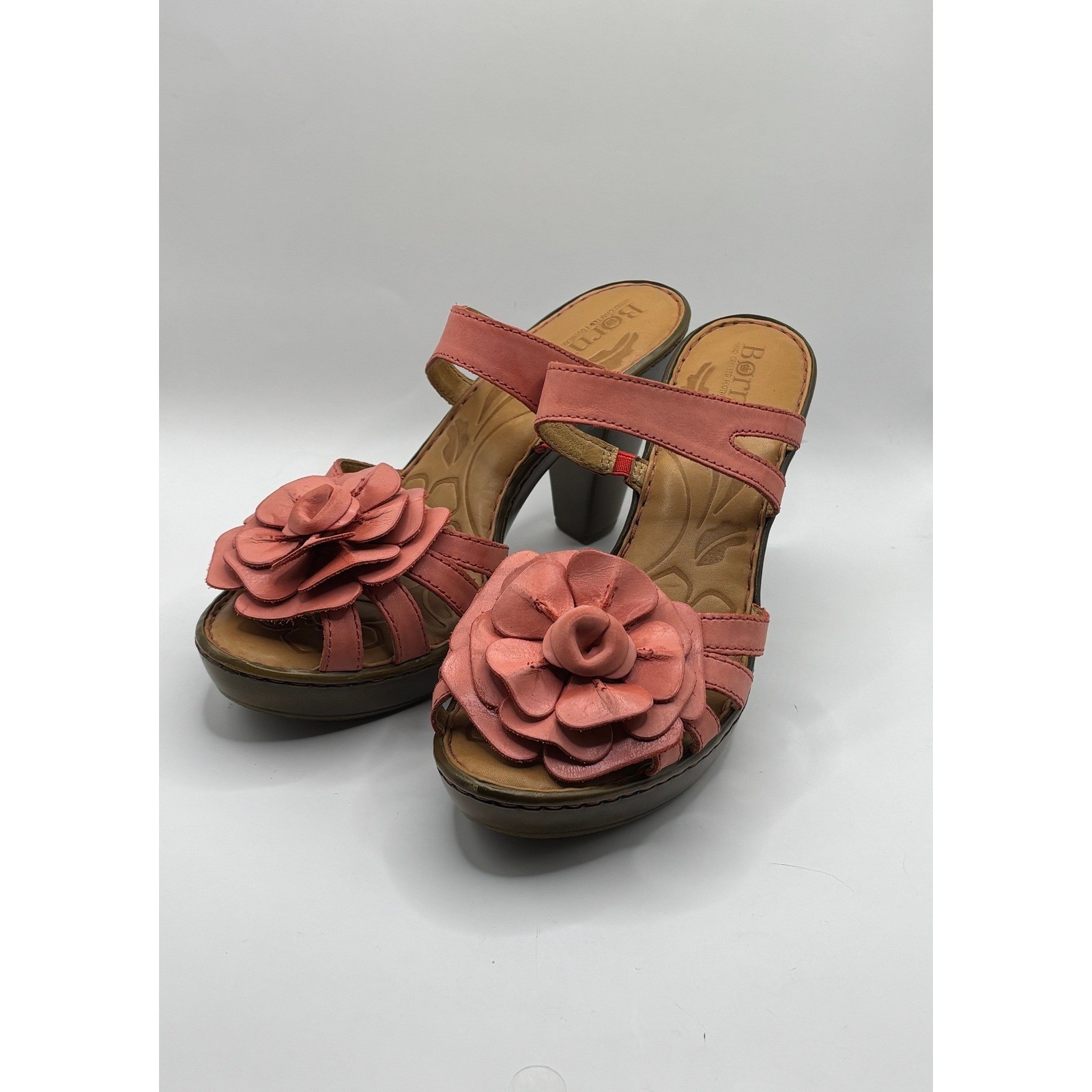 Born Platform Sandals Pink Excellent Leather Floral Block Heel Slides W52185
