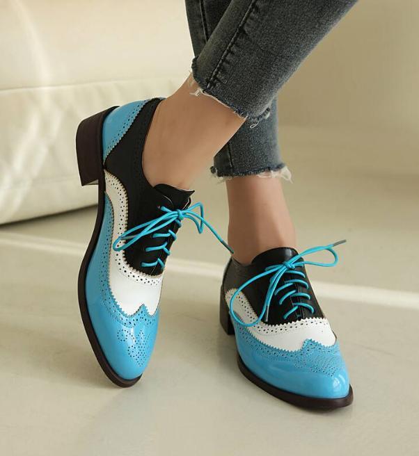 Womens Patchwork Brogue Shoes Lace Up Fashion Flat Color Block Multi Tone Oxford