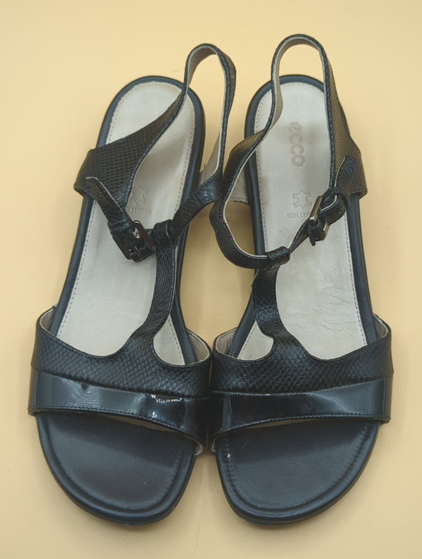 Ecco Touch T-Strap Wedge Black Sandal Womens Sz US 8.5 EU 39 Textured Snake