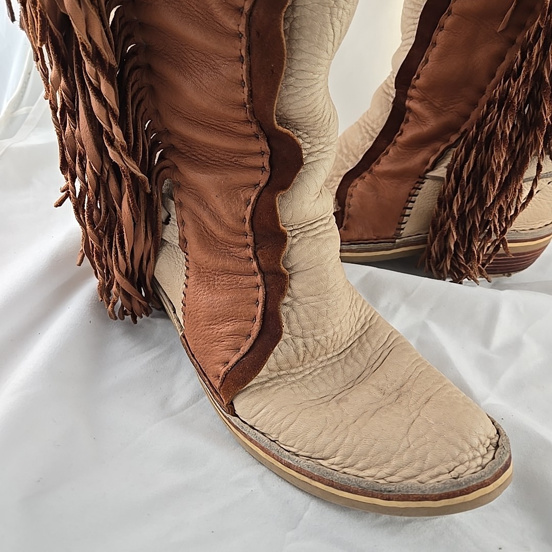 VTG 70s Hand Made Fringed Leather Western Boots Over Knee Concho Womens 9 USA