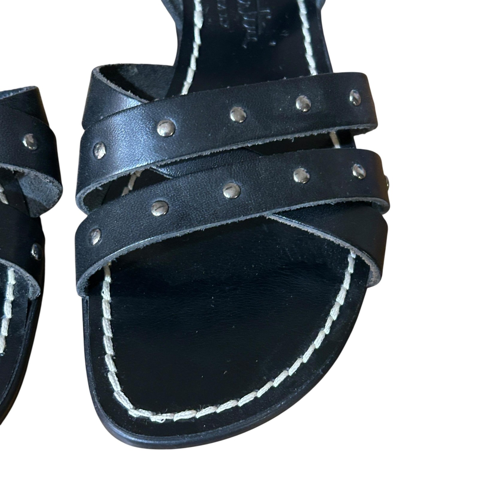 Paolo Bentini Sz 7 Black Leather Studded Sandals Italy Moto Punk Minimalist Flat