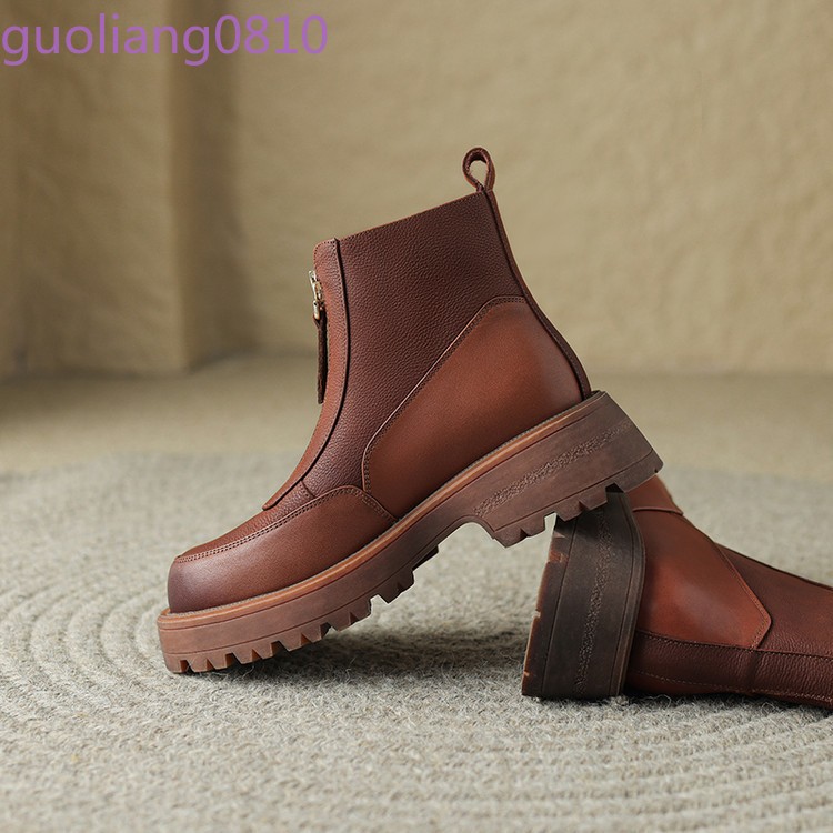 Women’s Leather Ankle Boots Round Toe Shoes Block Heel Zip Platform Fashion OL