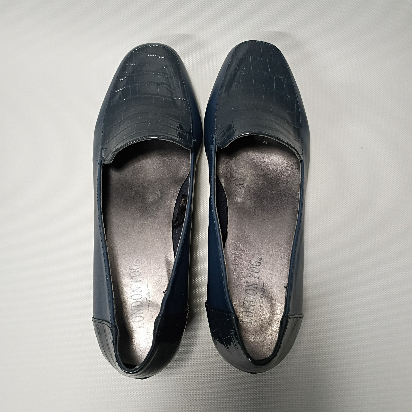 London Fog Fulton Croc Loafers Navy Leather Dress Shoes Block Heel Womens 8.5M