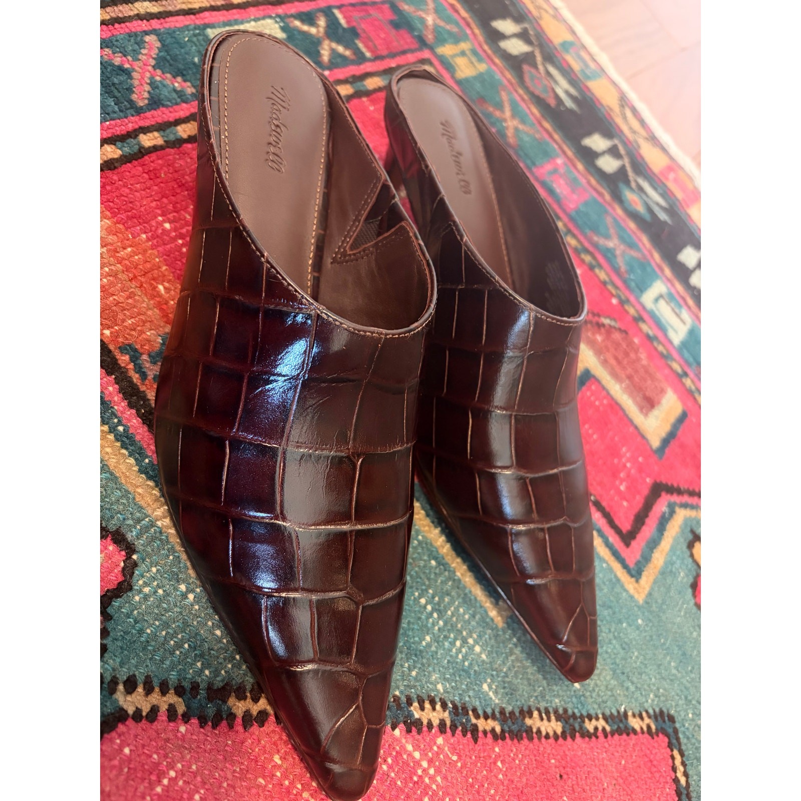 Madewell The Emilie Heeled Mule Chocolate Raisin Croc Leather Size 9 NWOB