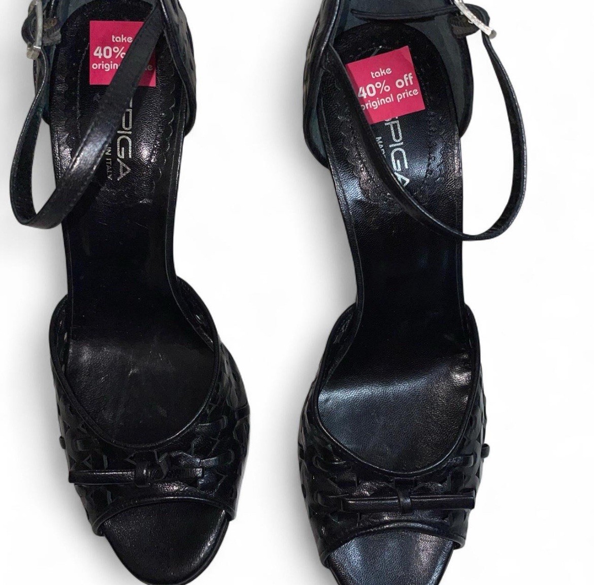 Via spiga ankle strap cuff black laser cut leather size 8.5 M heels are 3”.1/2