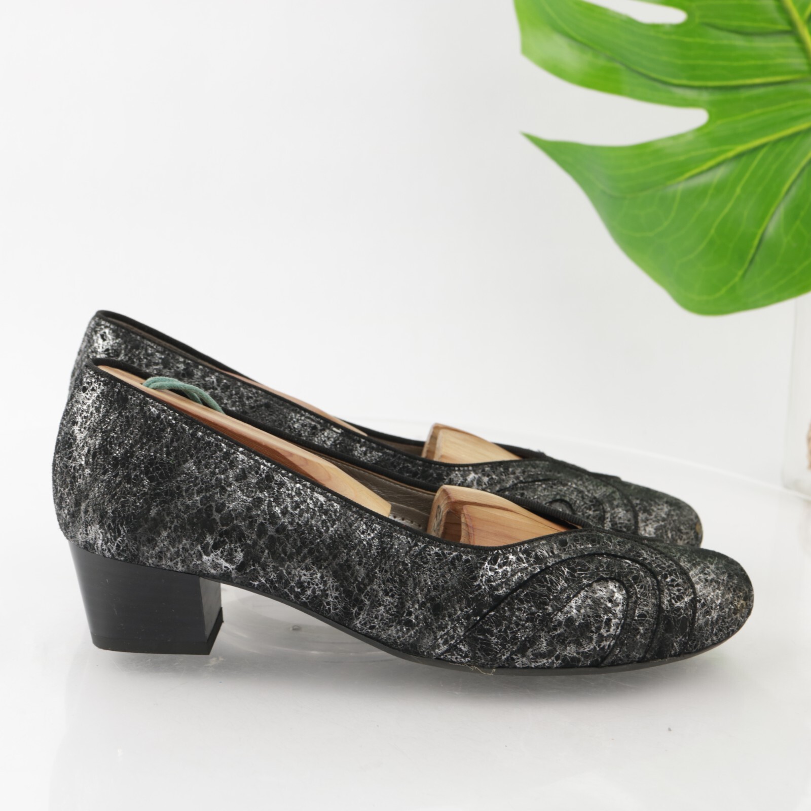 Ara Womens Gabrielle Pump Size 8 H Black Silver Python Block Heel Comfy Shoe