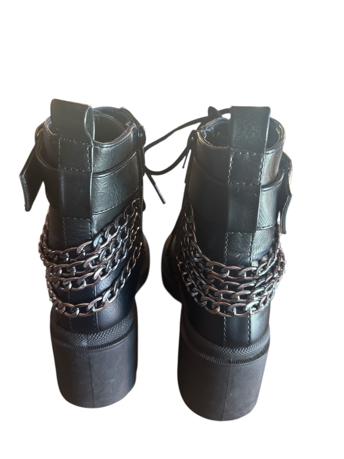 Sugar Black Gothic Combat Moto Boots Woman’s Size 6 Chains Buckles Size Zippers