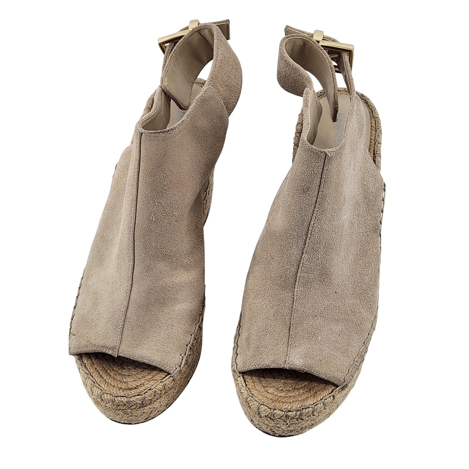 Kenneth Cole Odette Wedge Sandals Women 7.5 Tan Suede Espadrille Peep Toe Boho