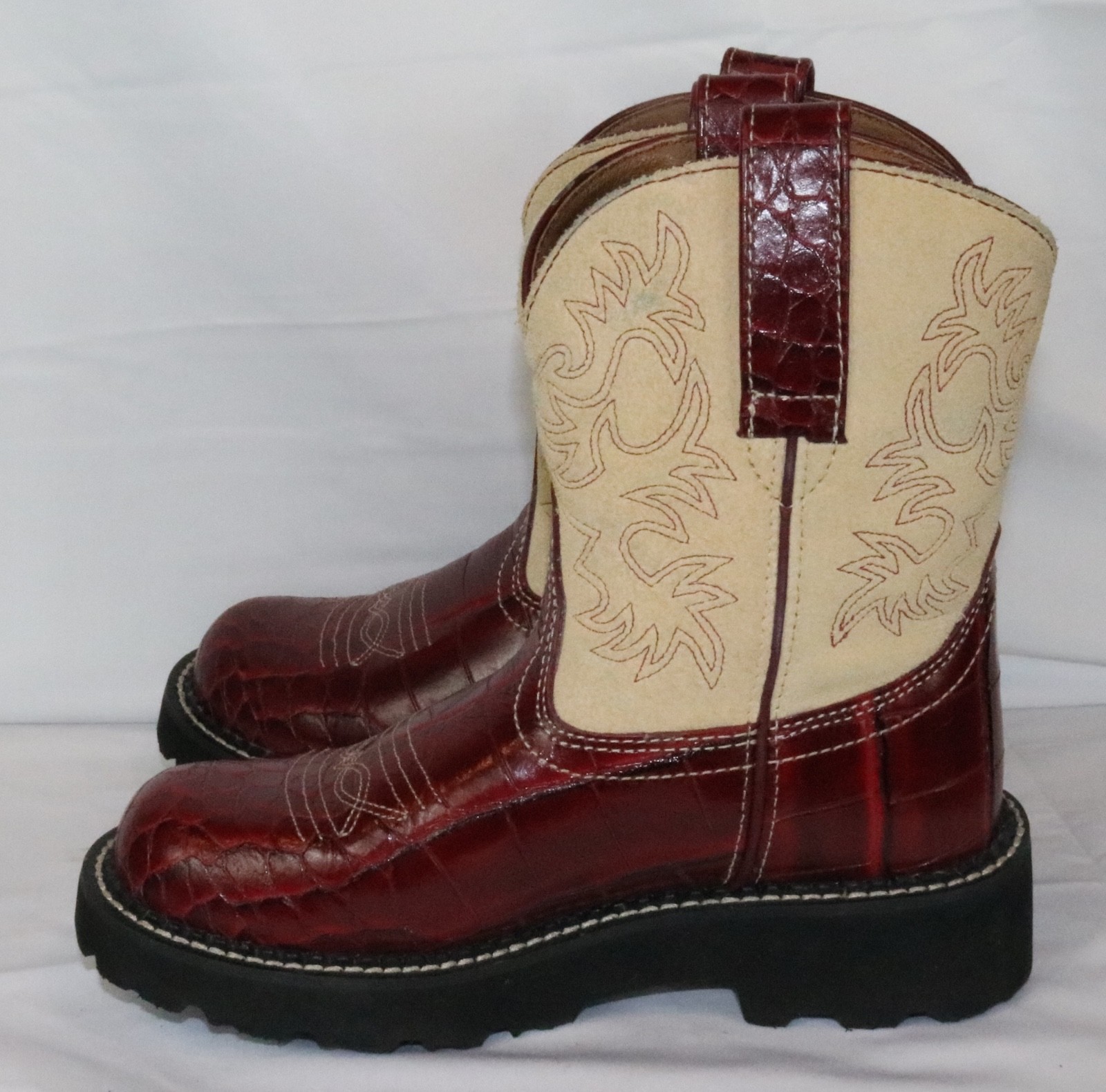 Ariat Fatbaby 14709 Women Red Croc Embossed Leather Western Boots 5.5B Tan Suede