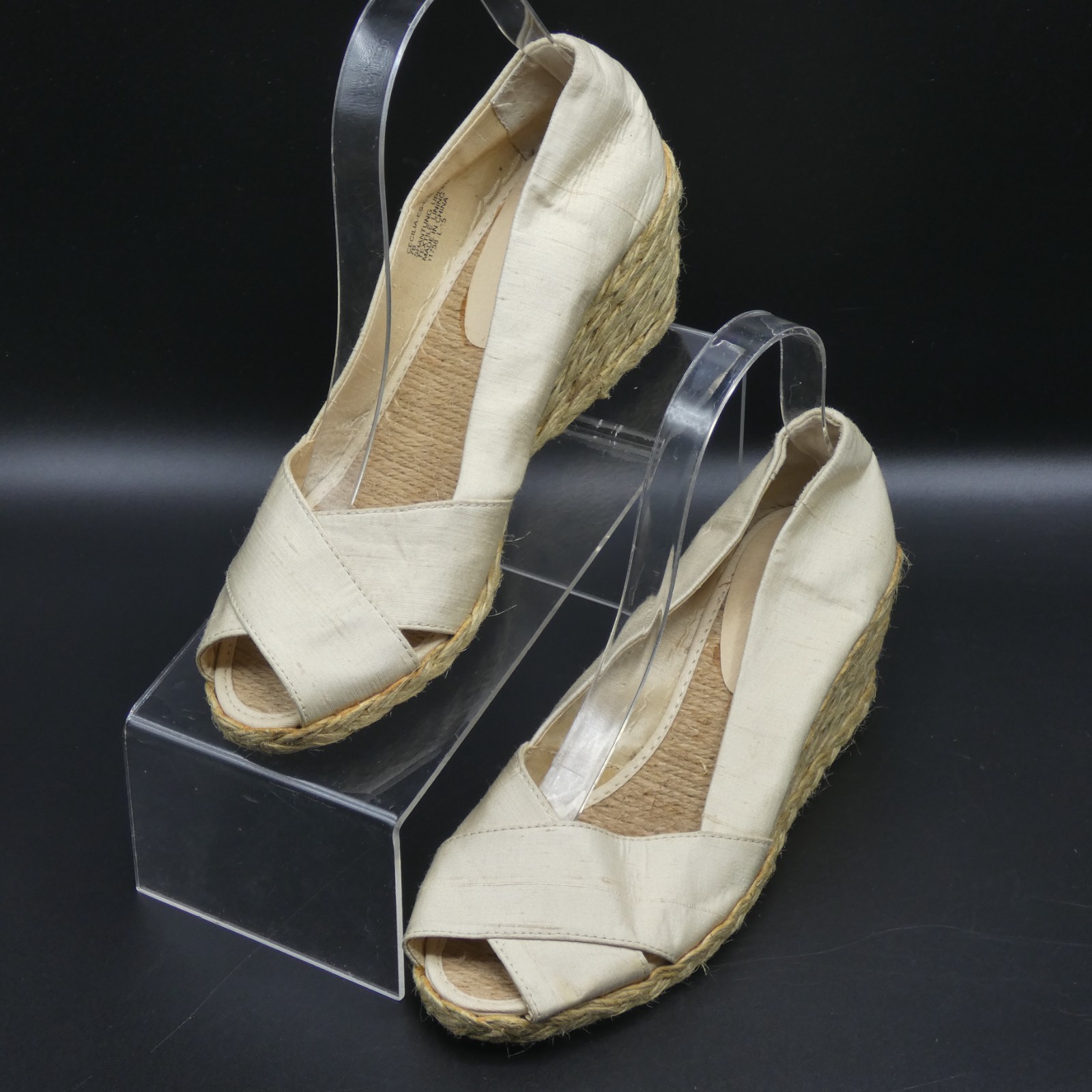 Lauren Ralph Lauren Cecilia Tan Beige Shantung Peep Toe Espadrille Wedge Size 7