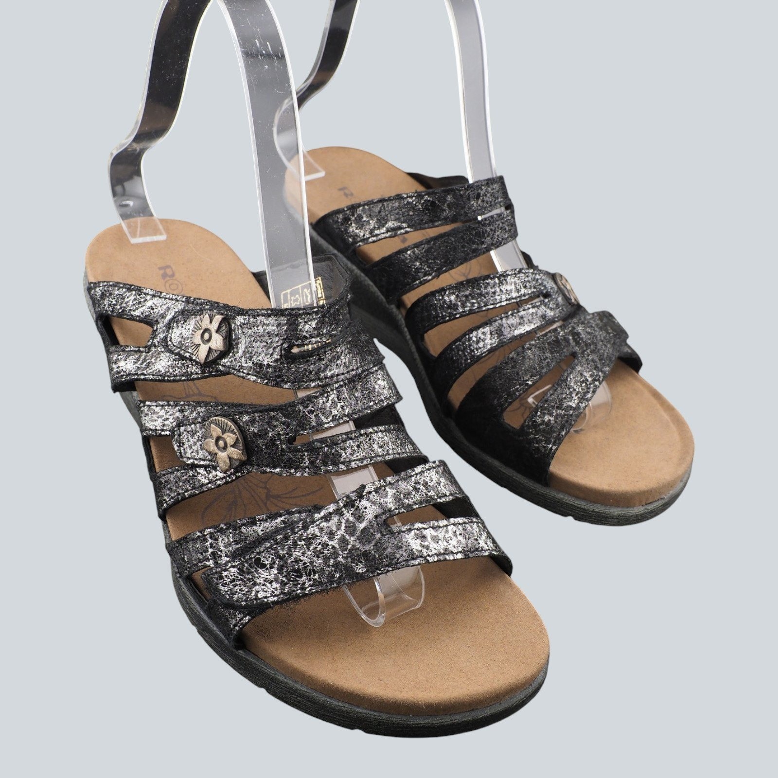 Romika Fidschi 14 Womens Metallic Silver Black Leather Wedge Sandals 119414 38