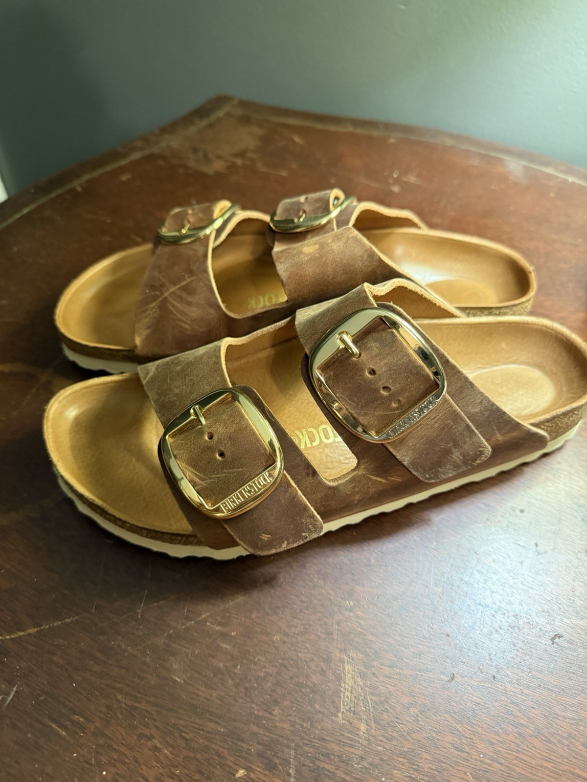 Birkenstock Brown Leather Slide Sandals Adjustable Buckle Straps US 8 EU 39