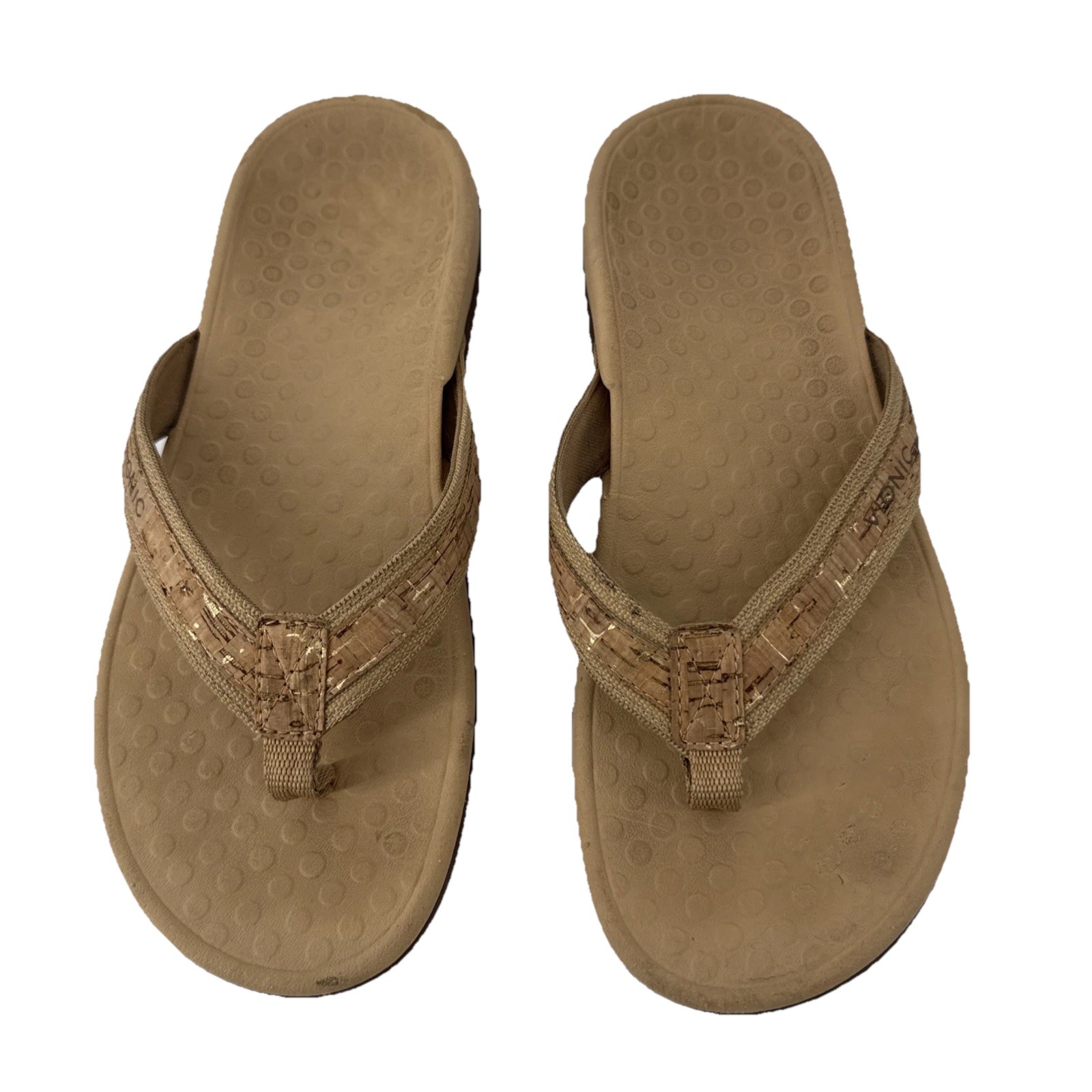 Vionic Tide Thong Sandals Women 7 Tan Flip Flops Cork Print Orthotic Comfort