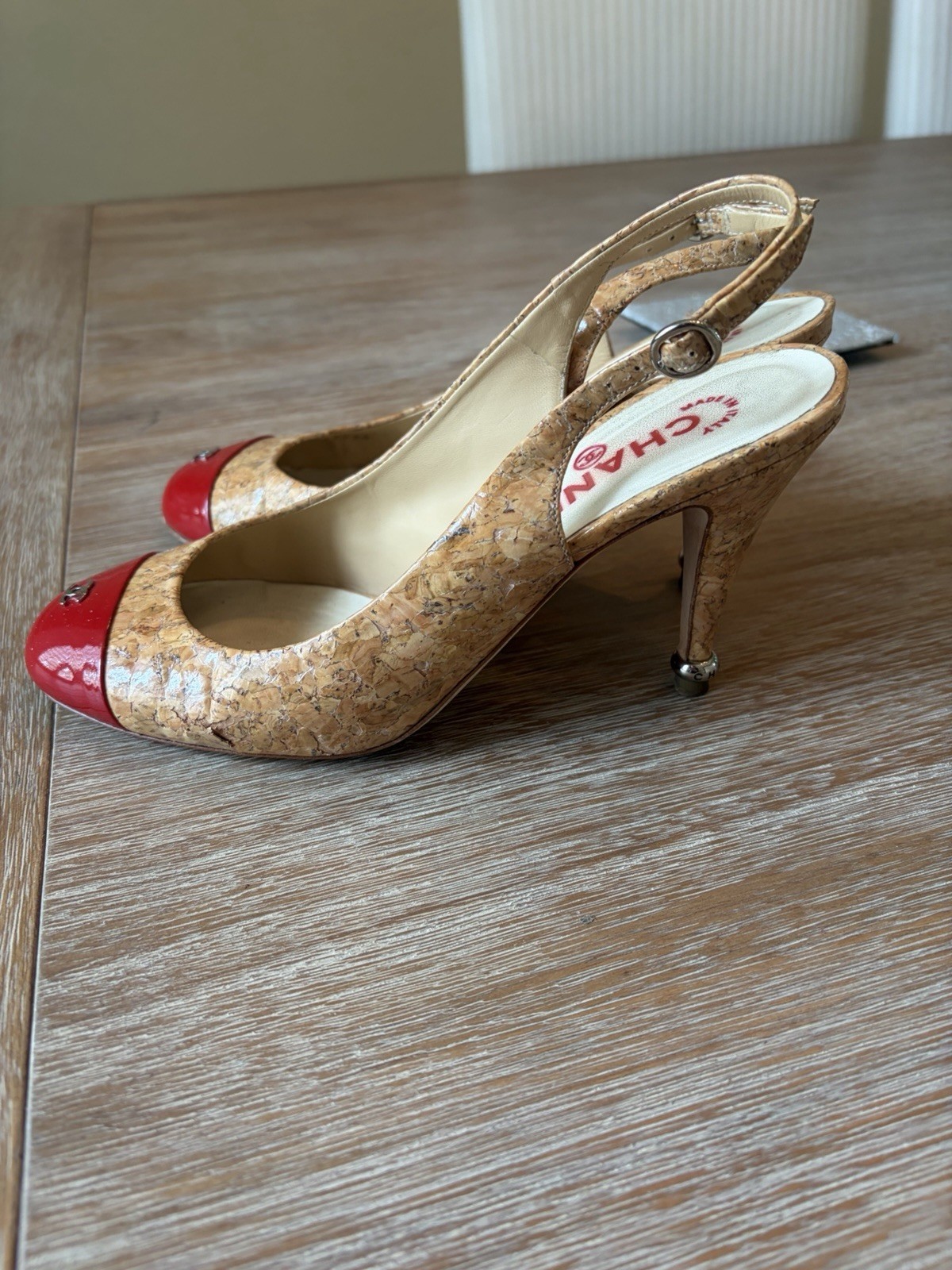 CHANEL Cork Slingback Heels Red Cap Toe CC Logo Buckle Women’s EU 38