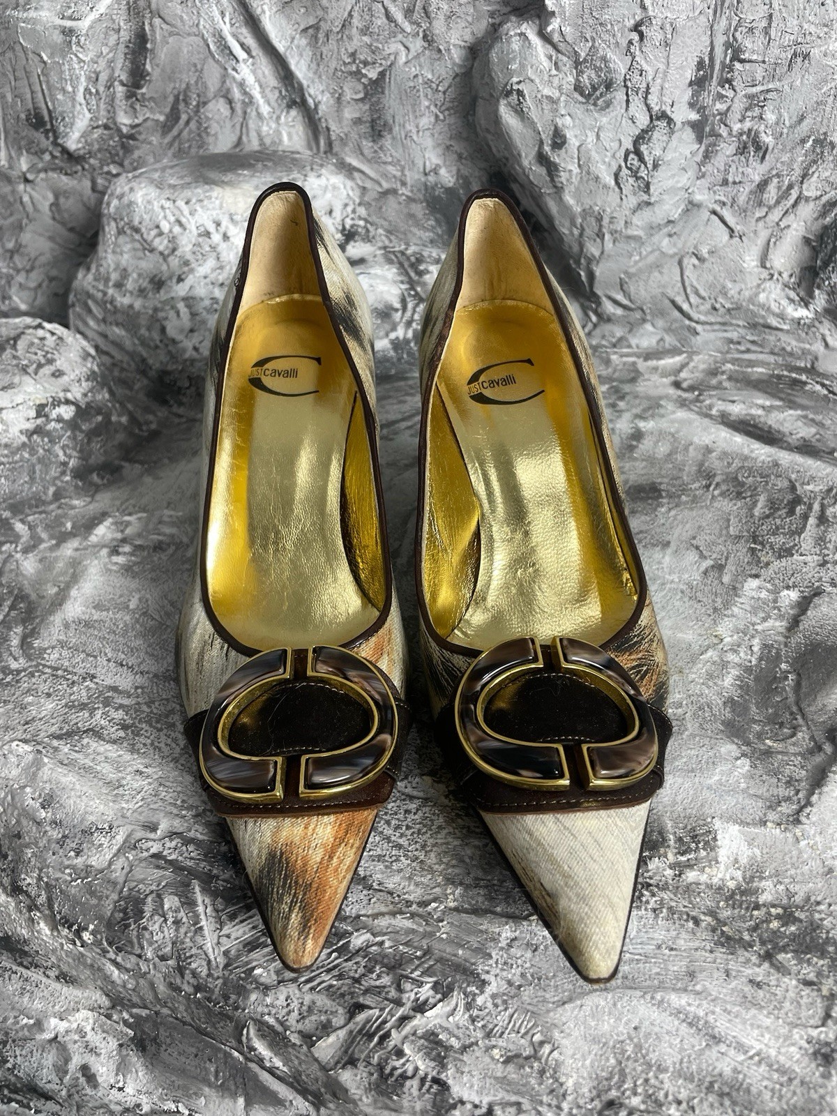 Vintage Just Roberto Cavalli 00s Animal Fur Pattern Buckle Archive Heels 38 Y2K