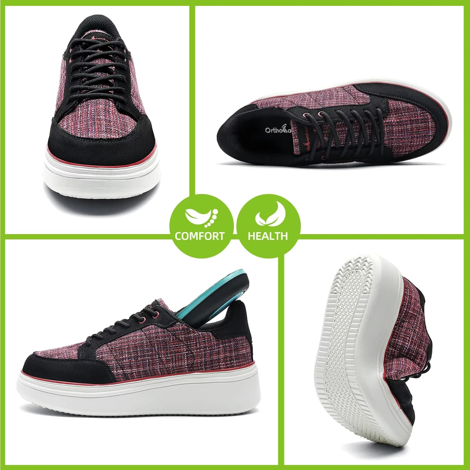 Ortho Comfoot Womens Platform Sneakers Size 6 Black Red Tweed Plaid Preppy NWT