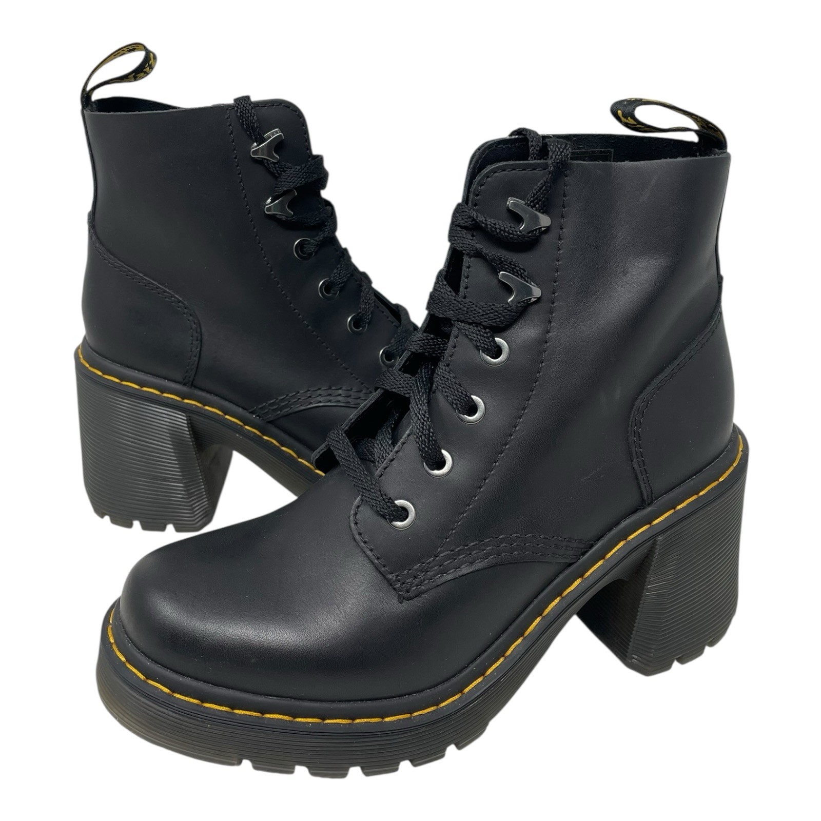 Dr Martens Doc’s Jesy Black Leather Lace-Up Block Heel Combat Boots US 9 L