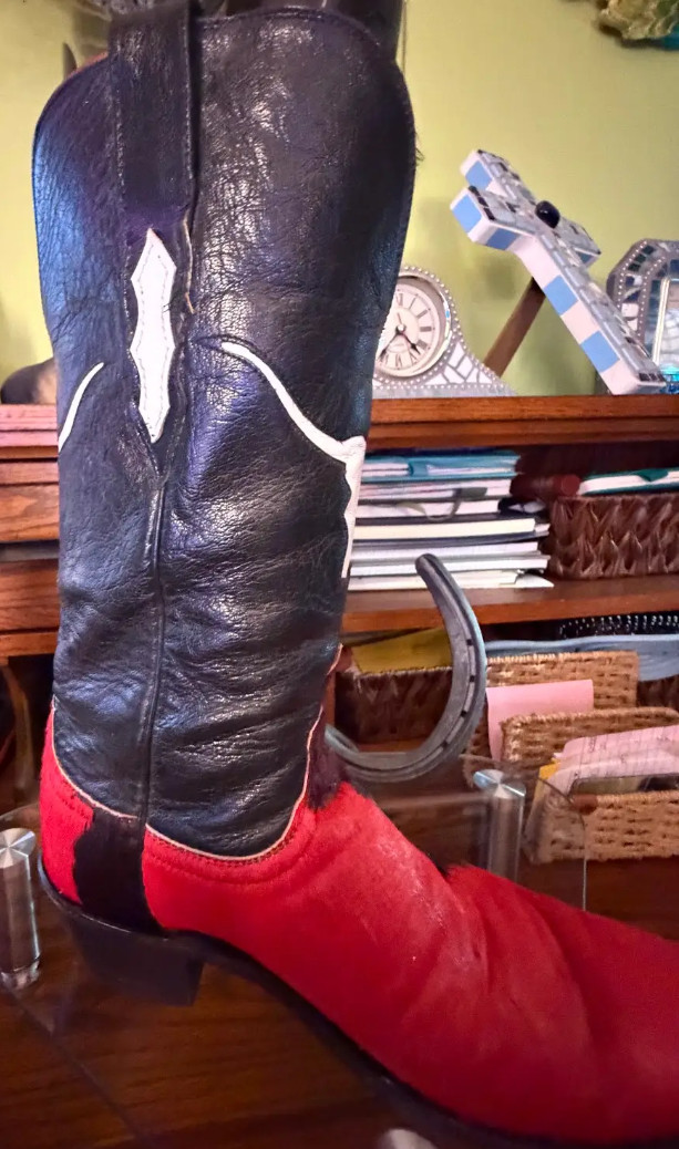 LUCCHESE Tool 1883 Cowhide Calf Hair Hide Red-White-Black Cowgirl Cowboy Boots 8