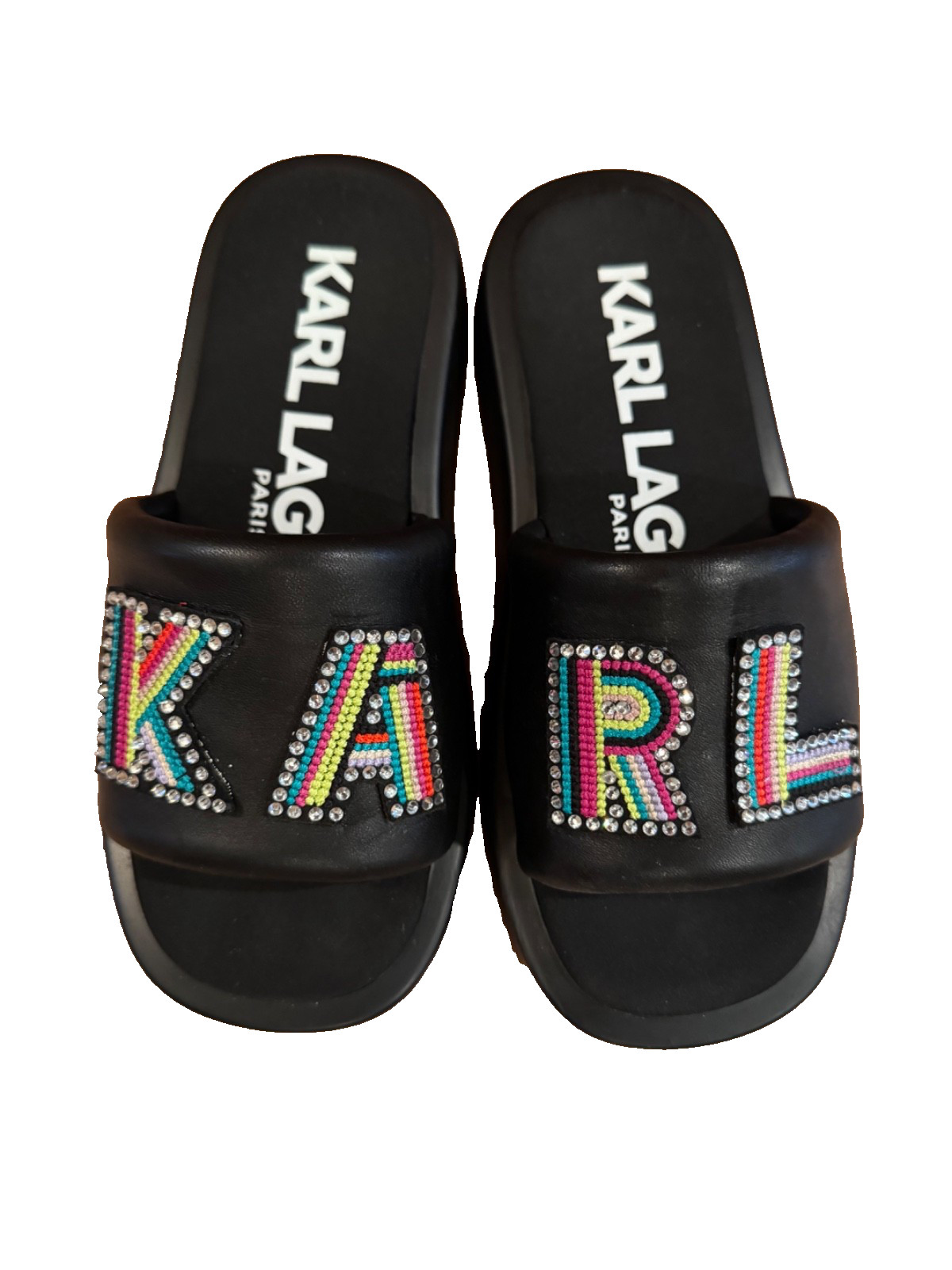 KARL LAGERFELD PARIS Opal Leather Puff Band Beaded Logo Platform slide Sz 7.5