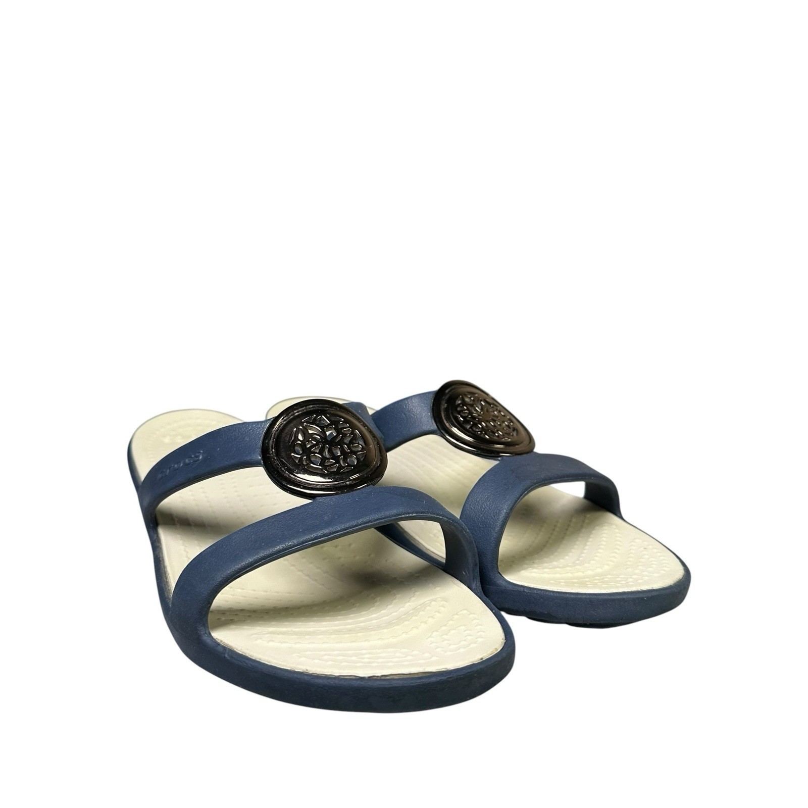 Crocs Women sz 11 Sanrah Circle Slide Sandals Wedge Slip On Slides Navy Stucco