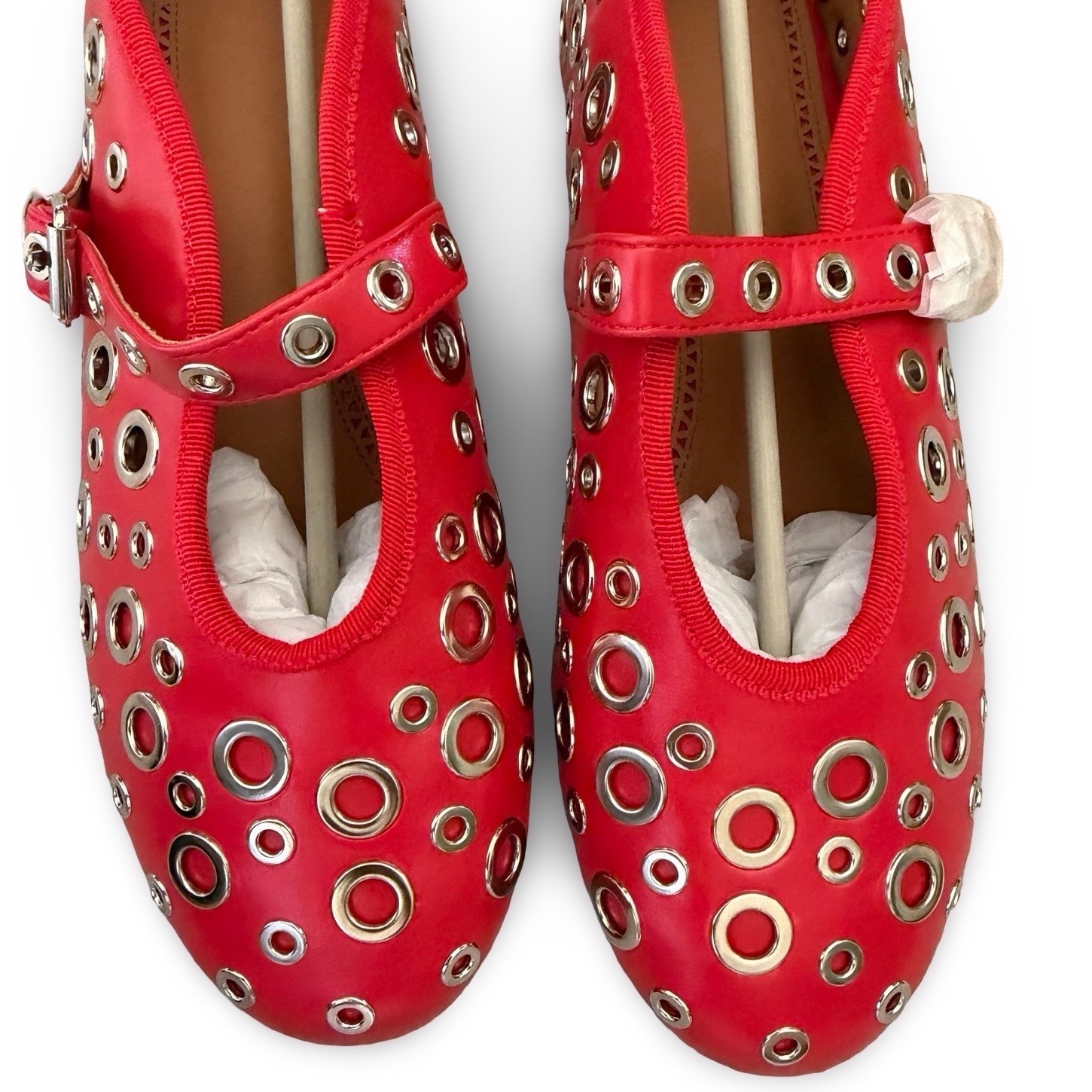 Red Grommet Mary Jane Flats Buckle Strap Eyelet Shoes Womens 8.5 NEW