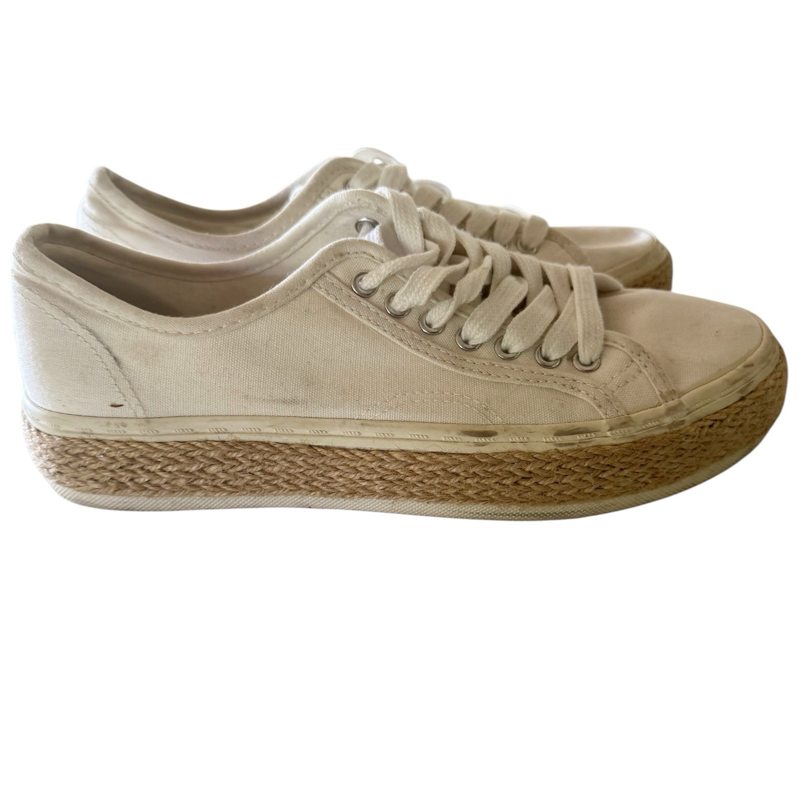 Madden Girl White Canvas Raffia Lace Up Casual Fashion Sneakers Normcore 6.5