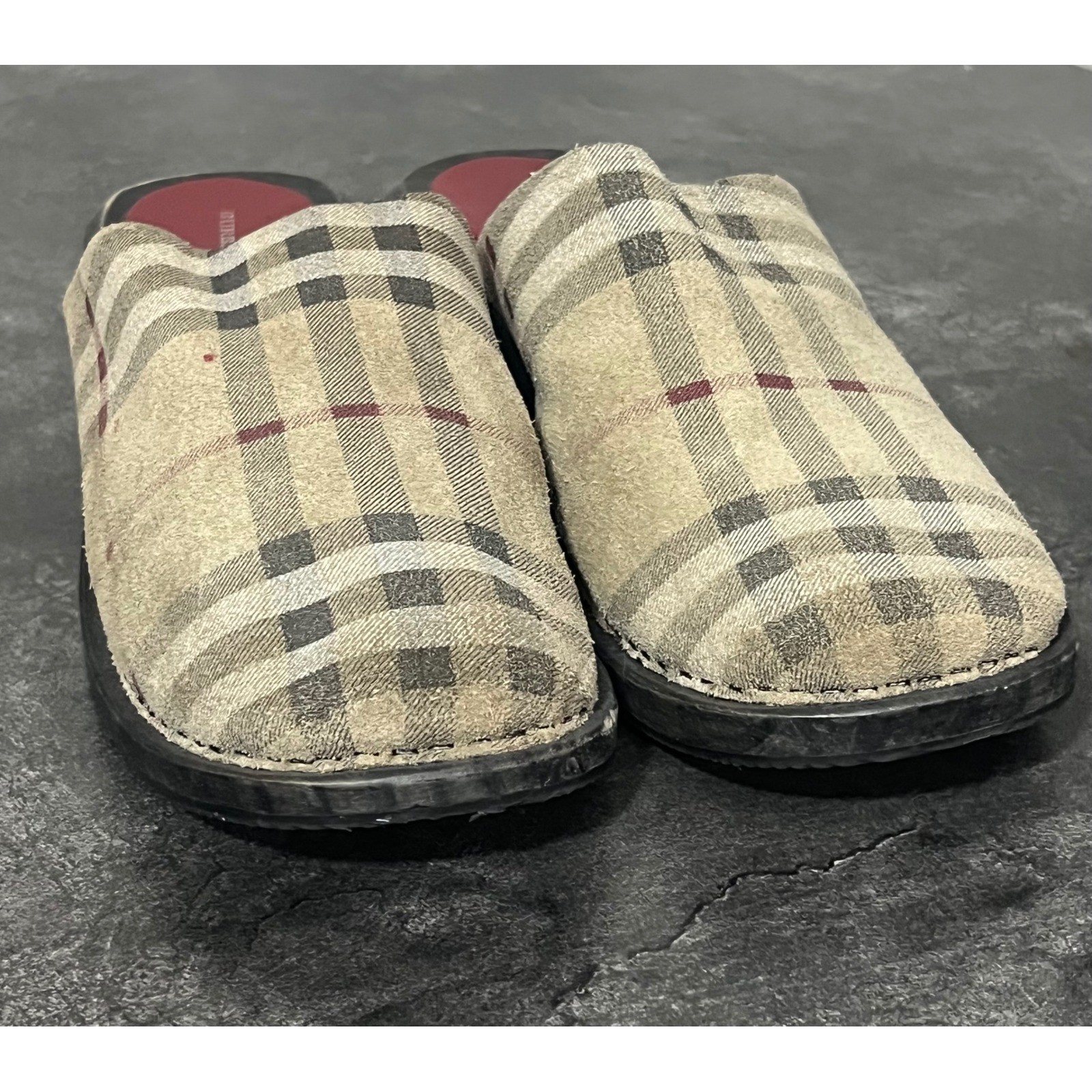 Burberry Clog Mules Women 38 Beige Nova Check Vintage Wooden Platform Heel Fair