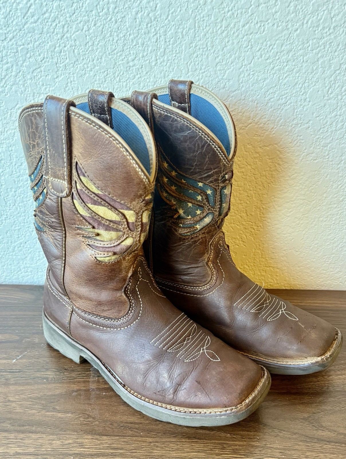 Women’s RANK 45 Brown Leather Cowboy Boots American Flag Wing Design Size 9B