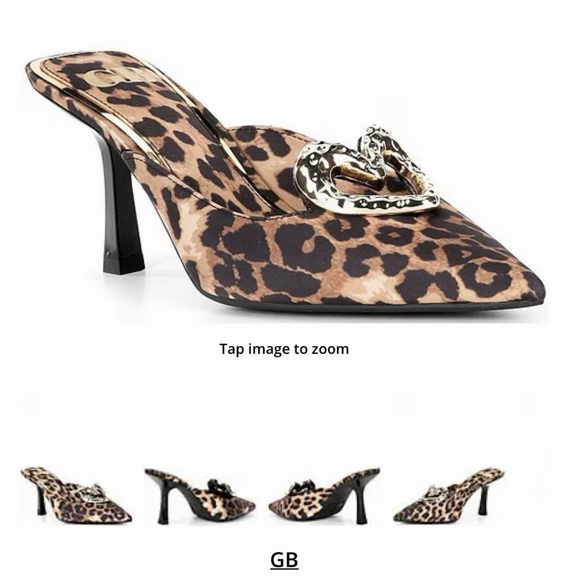 GB Leopard Animal Print Pointed Toe Slip On Mule Heels Heart Buckle Women’s 6.5