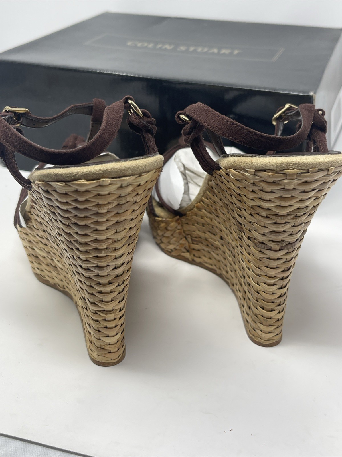 Colin Stuart Isabella-Knot Wedge Leather Strappy Sandals Brown W/ Box Small Flaw